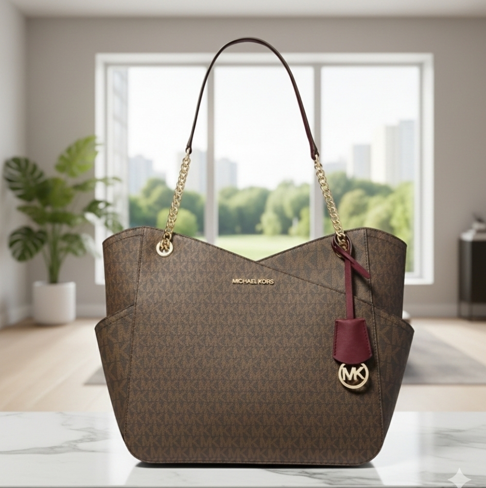 MICHAEL KORS LARGE X CHAIN LOGO SHOULDER BAG DARK CHERRY COLOR (NWT)